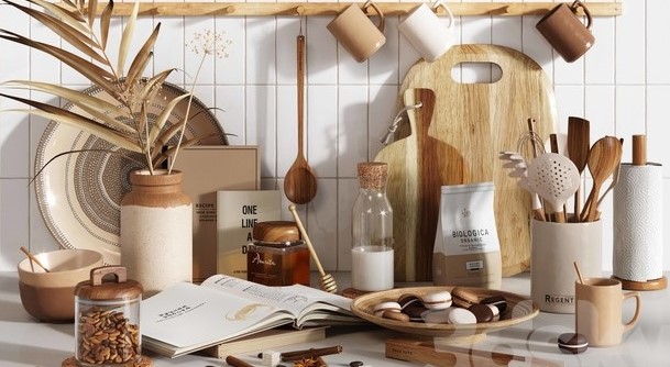 چیدمان حرفه ای آشپزخانه با لوازم ریز اما کاربردی